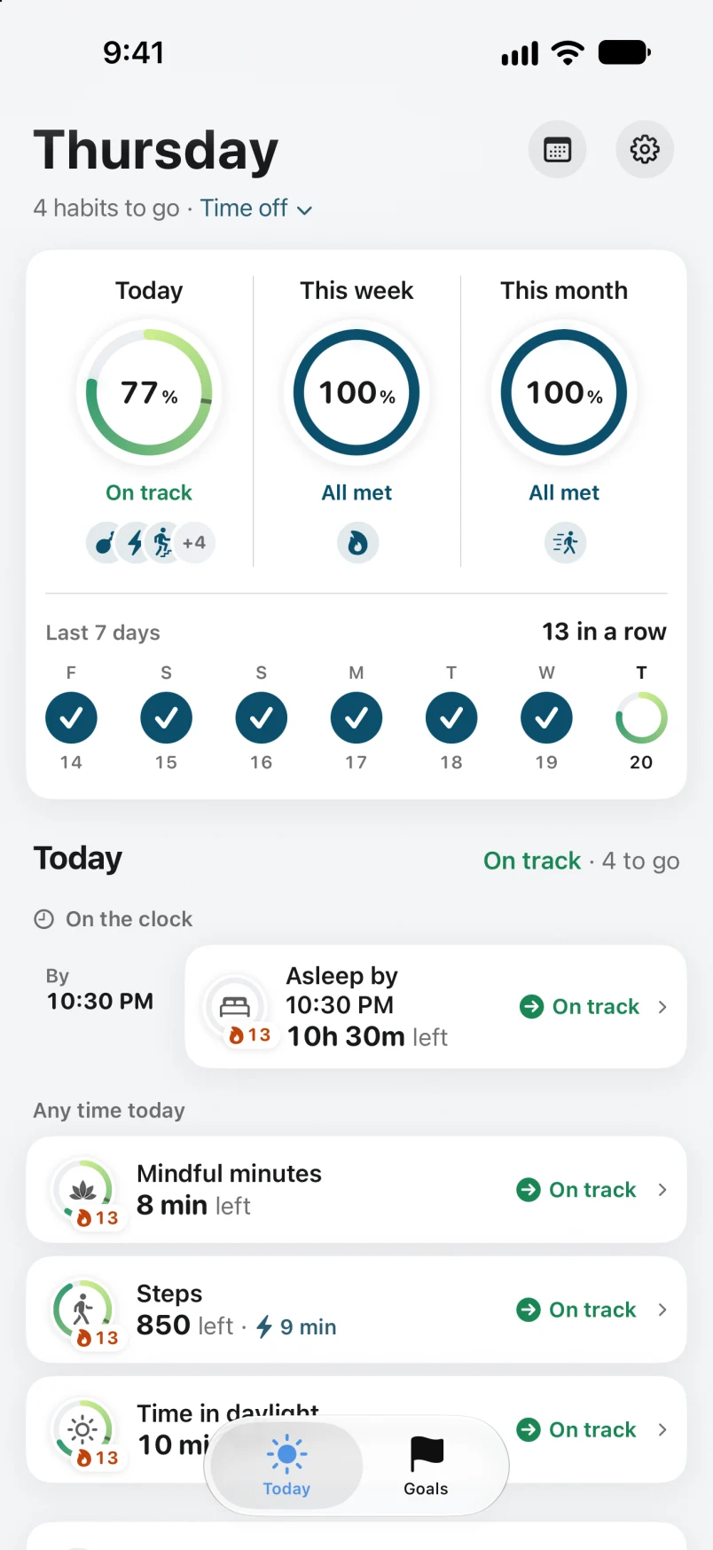 Landmark's Today screen: the day's rings, the quick wins, and each habit with what is left of it